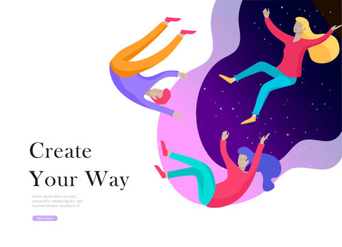 landing page template. Inspired People flying. Create your own spase. Character moving and floating in dreams, imagination and freedom inspiration design work. Flat design style