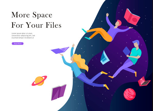 landing page template. Inspired People flying. Create your own spase. Character moving and floating in dreams, imagination and freedom inspiration design work. Flat design style