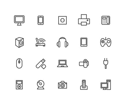 Simple Set of Consumer electronics Vector Line Icons. Contains such Icons as Camera, LCD Monitor, USB and more. Editable vector stroke. 48x48 Pixel Perfect.
