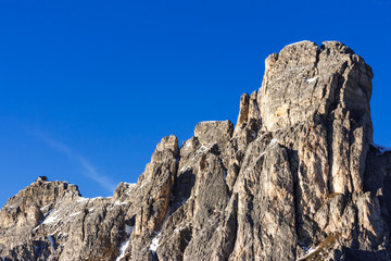 Panorama of Ra Gusela peak in front of mount Averau and Nuvolau, in Passo Giau, high alpine pass near Cortina d'Ampezzo, Dolomites, Italy