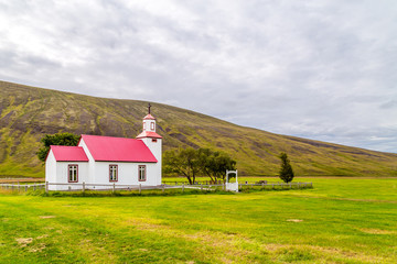 Landscape with white church in Iceland, Europe