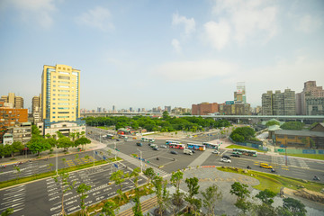 View of a city road intersection in the downtown area near Taipei main station in Taipei, Taiwan