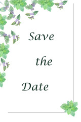 Watercolor hand painted invite card, beautiful frame with herb purple flowers and green leaves, with text. Wedding theme, invitation, save the date card
