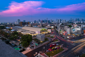 Bangkok Hua Lamphong Railway Station at Twilight. Traffic on the streets. Bird eye view, Bangkok ,Thailand-April 2019: 