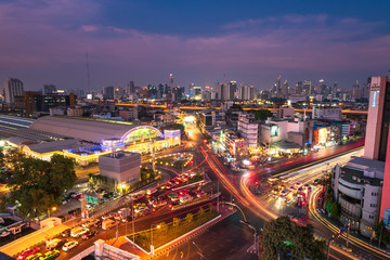 Bangkok Hua Lamphong Railway Station at Twilight. Traffic on the streets. Bird eye view, Bangkok ,Thailand-April 2019: 