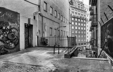 an alley with e stair and at the bottom buildings in Madrid. Spain. black and white photography