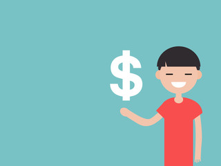 Young character with an imaginary sign dollar.Space for your text.Flat cartoon design