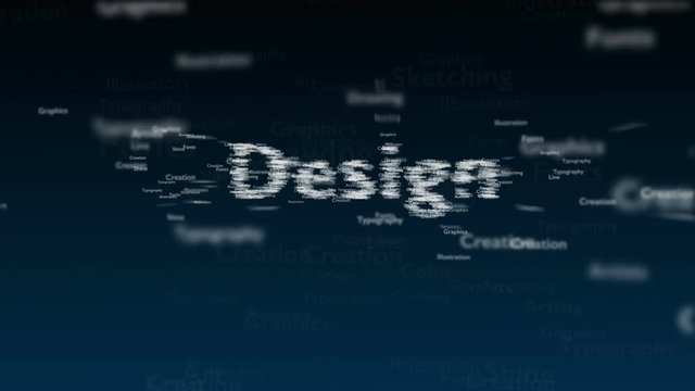 Deep blue background with different words, which deal with design. Close up. Copy space. 3D. Animatiom. 4K.