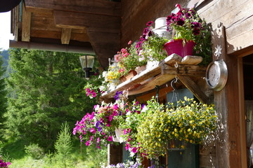 Bäuerliche Hütte mit Blumen an den Fenstern
