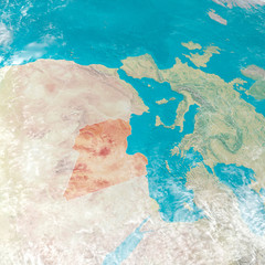 Physical map with reliefs of Libya, Libyan state in evidence. 3d map of north Africa and Europe.  3d rendering