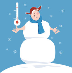 Smiling man inside a snowman representing cryotherapy, a thermometer behind him, EPS 8 vector illustration