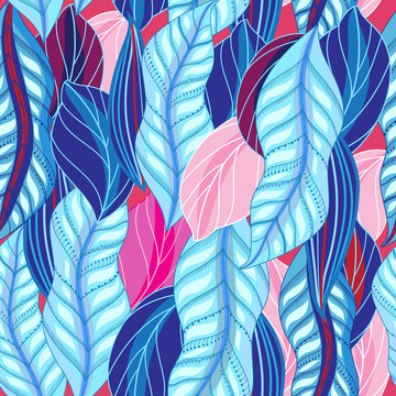 Bright seamless pattern of blue and pink leaves