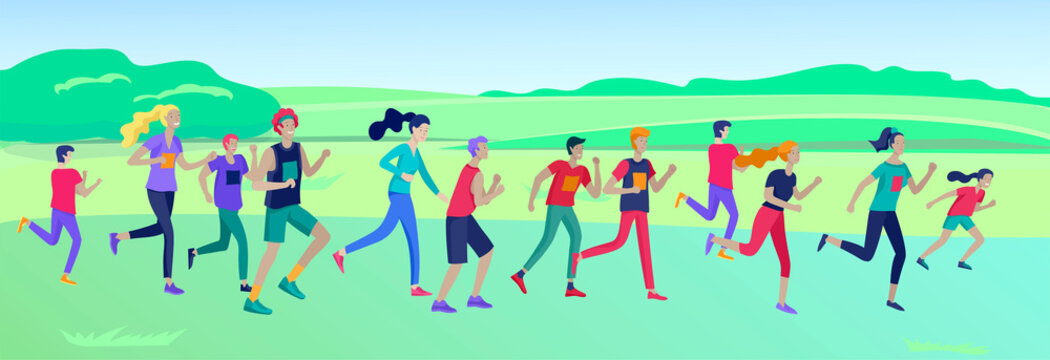 People Marathon Running Sport race sprint, concept illustration running men and women wearing sportswer in landscape. Jogging at Training. Healthy Active Speed Exercise. Cartoon Vector Illustration