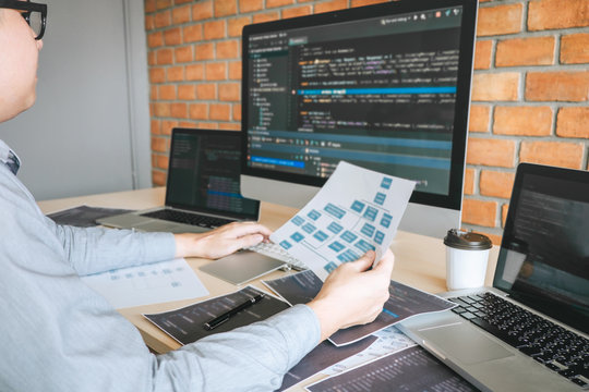 Professional Developer programmer working a software website design and coding technology, writing codes and database in company office, Global cyber connection technology