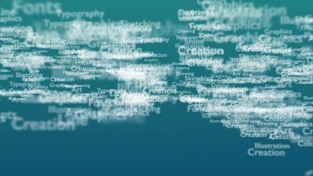 Light blue background with different words, which deal with design. Close up. Copy space. 3D. Animatiom. 4K.