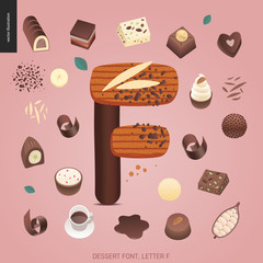 Dessert font - letter F - modern flat vector concept digital illustration of temptation font, sweet lettering. Caramel, toffee, biscuit, waffle, cookie, cream and chocolate letters