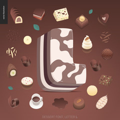 Dessert font - letter L - modern flat vector concept digital illustration of temptation font, sweet lettering. Caramel, toffee, biscuit, waffle, cookie, cream and chocolate letters