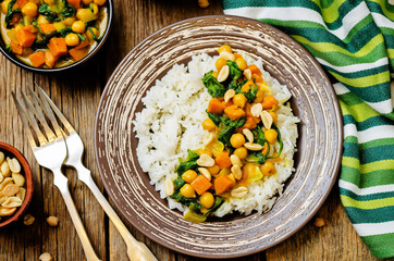 Sweet potato spinach chickpea curry with rice