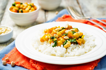 Sweet potato spinach chickpea curry with rice