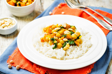 Sweet potato spinach chickpea curry with rice