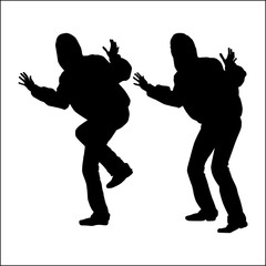 Silhouettes of a man and a woman waving, lead with gestures, hospitality, joy, meeting full-length sneakers, clap hands and stomp, outdoor dance, fooling around, funny people, amusing poses.