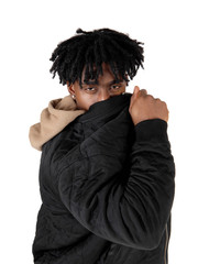 Black man hiding behind his jacket