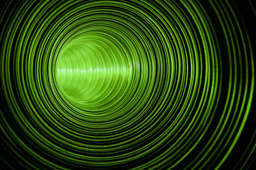 Green way. Imaginary passageway to green ecological world. Futuristic metallic circular tunnel illuminated by green light source reflected in shiny walls.