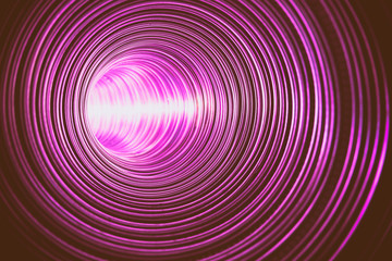 Imaginary passageway to optimistic world. Futuristic metallic circular tunnel illuminated by pink light source reflected in shiny walls.