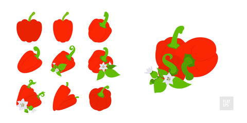 Sweet red peppers on a white background set. Very simple flat style. Various peppers in assortment with leaves, buds and flowers. Can be used in print, web design, banners and other projects.