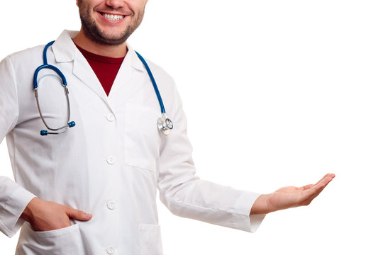 Photo of happy doctor in white coat with phonendoscope with palm raised up