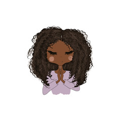 African American Girl Prayer Isolated On A White Background Hand Drawn Illustration