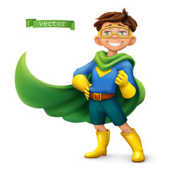 Little boy in superhero costume with green coats. Comic character, vector illustration © Natis