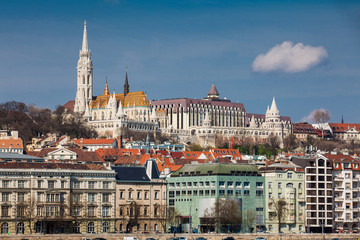 View of the Buda bank of the Danube river at Budapest city in a beautiful early spring day