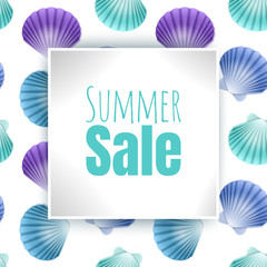 Summer sale banner design for promotion, background with colorful seashells in cartoon style, Vector illustration