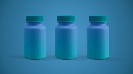 Modern Vitamin or supplement capsules gradient plastic bottles 3d render 3 in a row