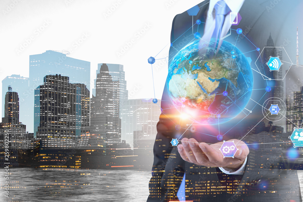 Poster man working with planet hologram, internet