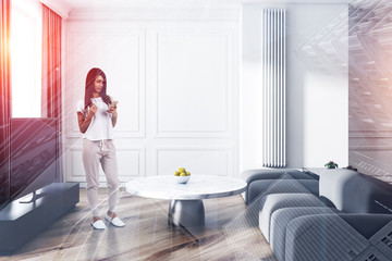 Young woman in stylish living room interior