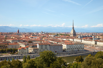 Fototapeta na wymiar Turin skyline view, Mole Antonelliana tower and Po river in a sunny summer day in Italy