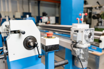 Emergency stop button. Production rolling tool, electric machine. the production of ventilation and gutters. Tool and bending equipment for sheet metal.