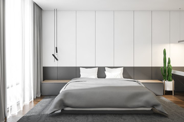 Moder design white and grey bedroom interior.