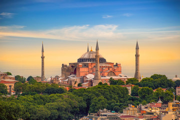 The Hagia Sophia (Ayasofya) in Istanbul Turkey shot at sunset - obrazy, fototapety, plakaty