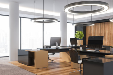 Modern wooden office interior with furniture. and city view.