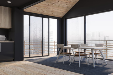 Wooden style kitchen interior. Open space.
