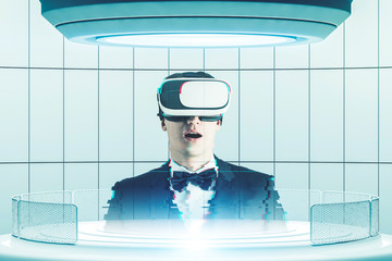 Astonished man in VR headset, holodeck