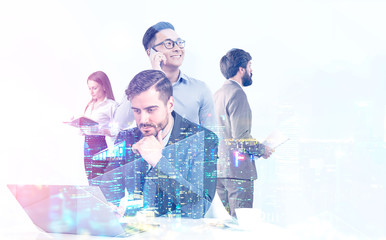 Manager team with laptop in night city