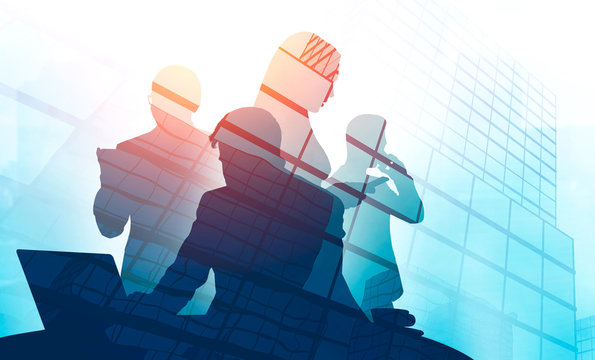 Diverse business team silhouettes, skyscrapers