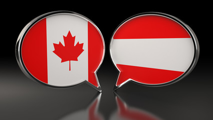 Canada and Austria flags with Speech Bubbles. 3D Illustration