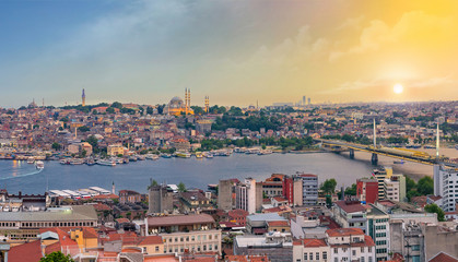 Wonderful panoramic view of Istanbul on sunset Golden Horn river