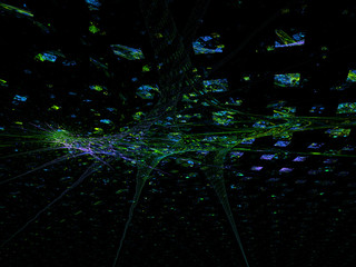 Futuristic green 3d illustration of cyberspace. Abstract techno landscape in perspective.