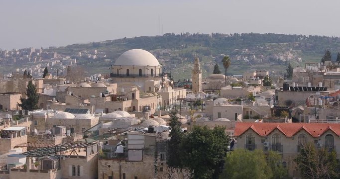 Slow zooming out from dome of synagogue Hurva in old city of Jerusalem, Israel